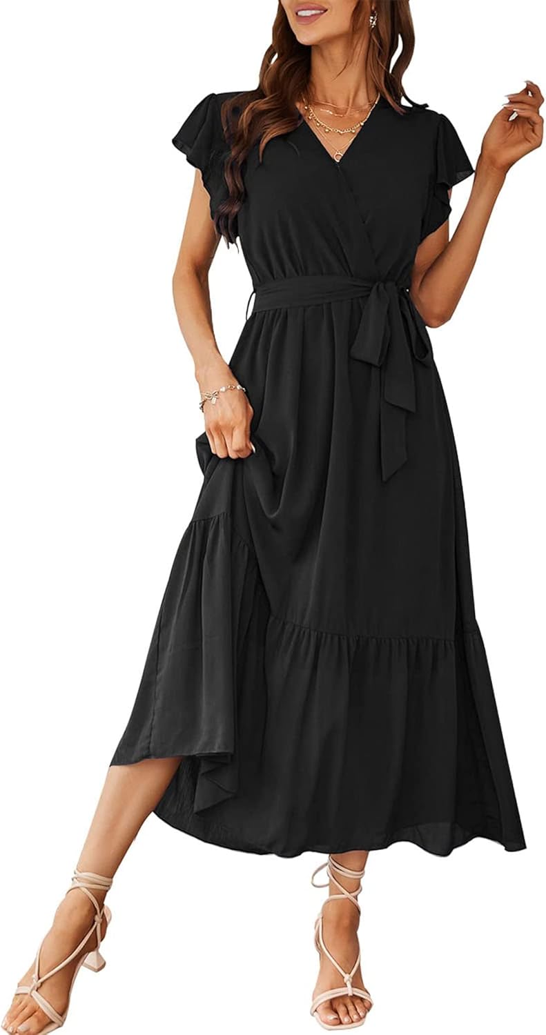 PRETTYGARDEN Store Women's Summer Floral Boho Maxi Dress Short Sleeve Wrap V Neck Ruffle Long Flowy Beach Wedding Guest Dresses - Image 1